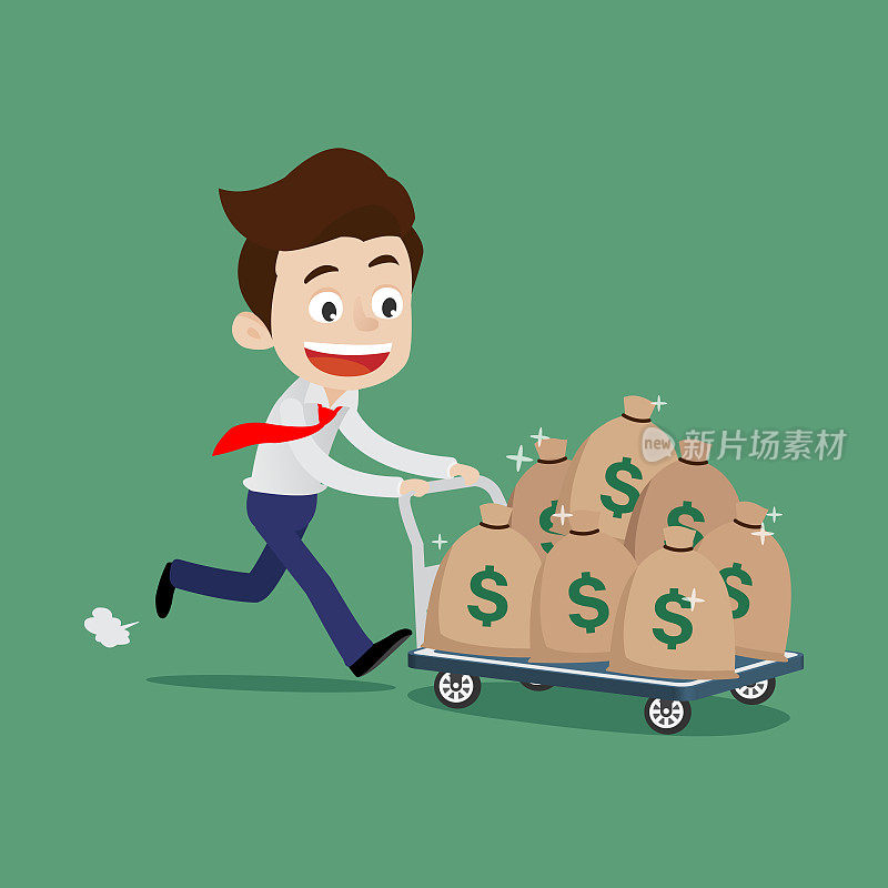 Businessman walking and pushing the trolley filled with money bags, Cartoon vector